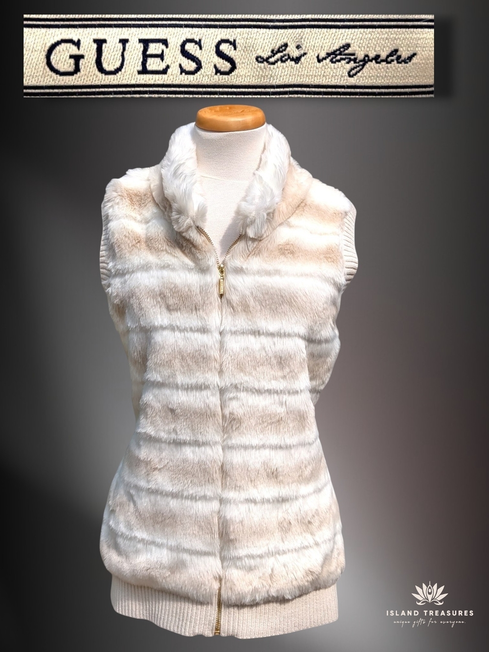 GUESS Sz XL Plush Faux Fur Knit Vest Ivory Tan Ribbed Gold Zip Fur Trim Collar